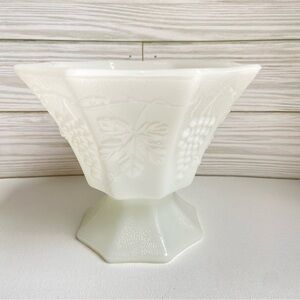 White milk glass octagonal footed compote dish with grapes and leaves VINTAGE